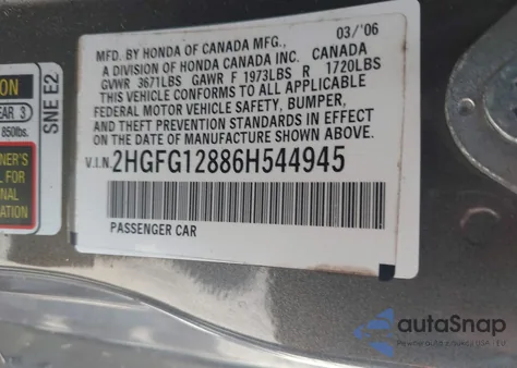 2006 Honda Civic Ex z USA, uszkodzony, nr VIN 2HGFG12886H544945